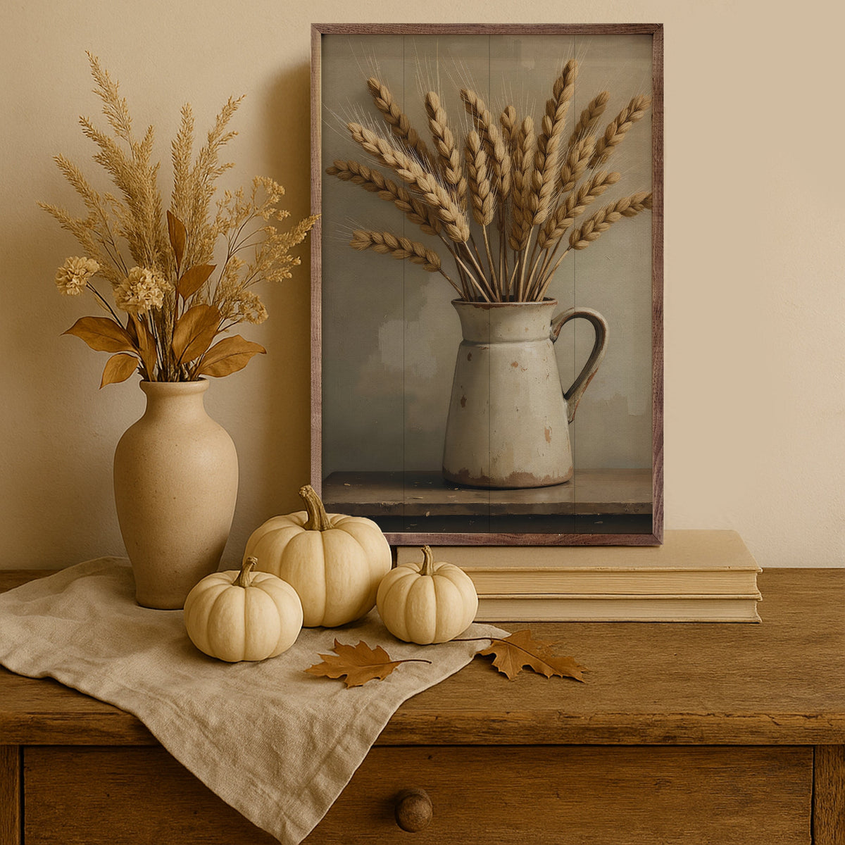 Wheat In White Vase Wood Framed Print