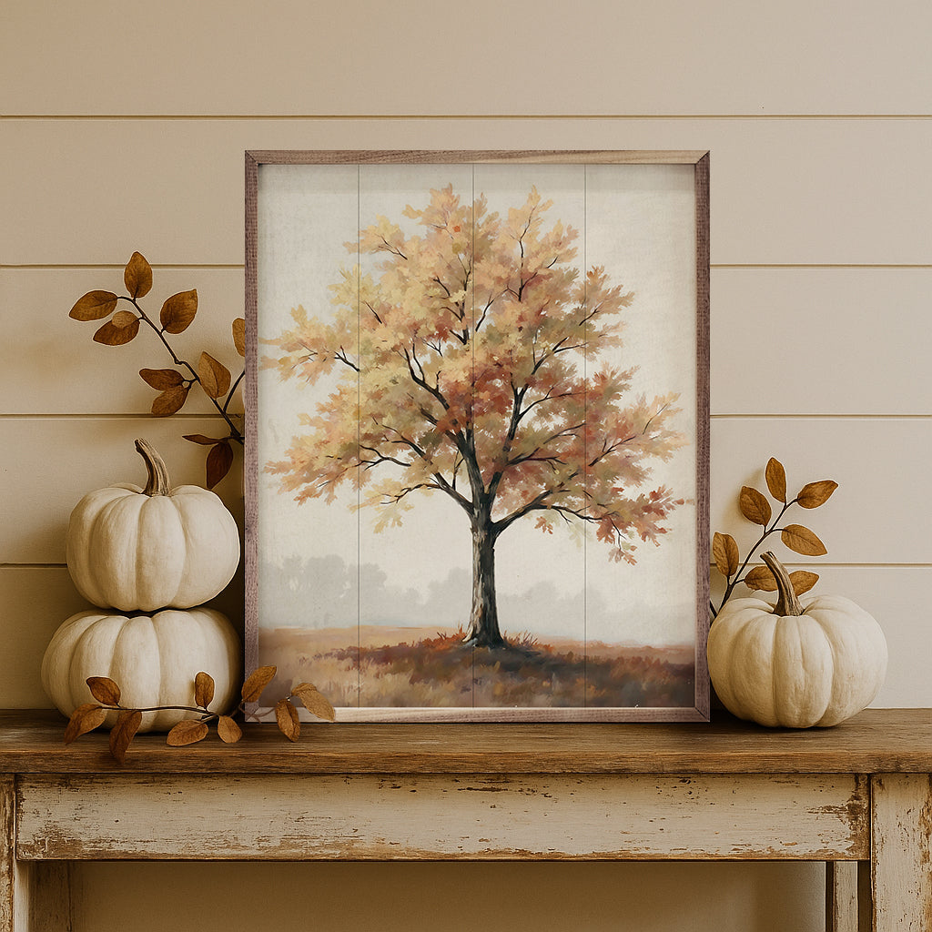 Autumn Tree On Hill Wood Framed Print