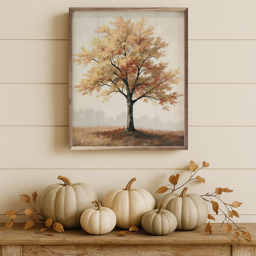 Autumn Tree On Hill Wood Framed Print