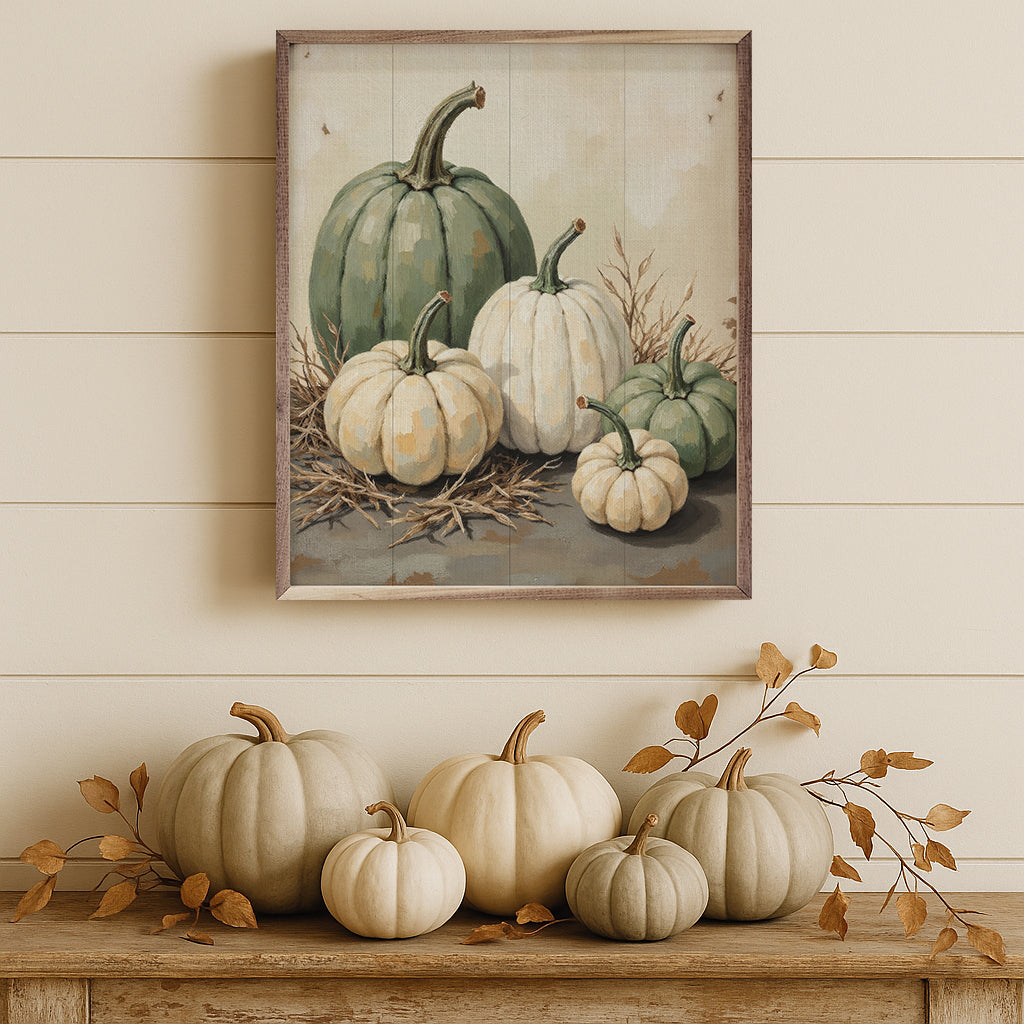 Green & White Pumpkins In Straw Wood Framed Print