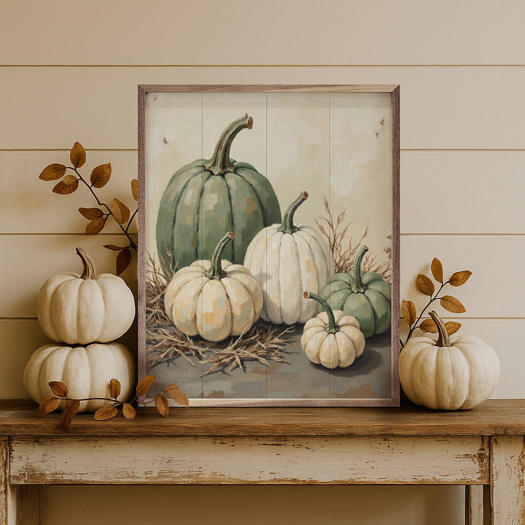 Green & White Pumpkins In Straw Wood Framed Print