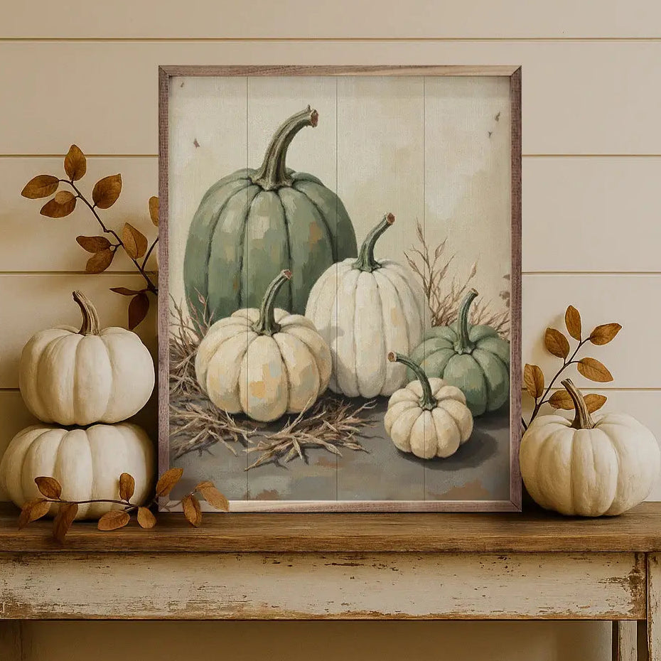 Green & White Pumpkins In Straw Wood Framed Print