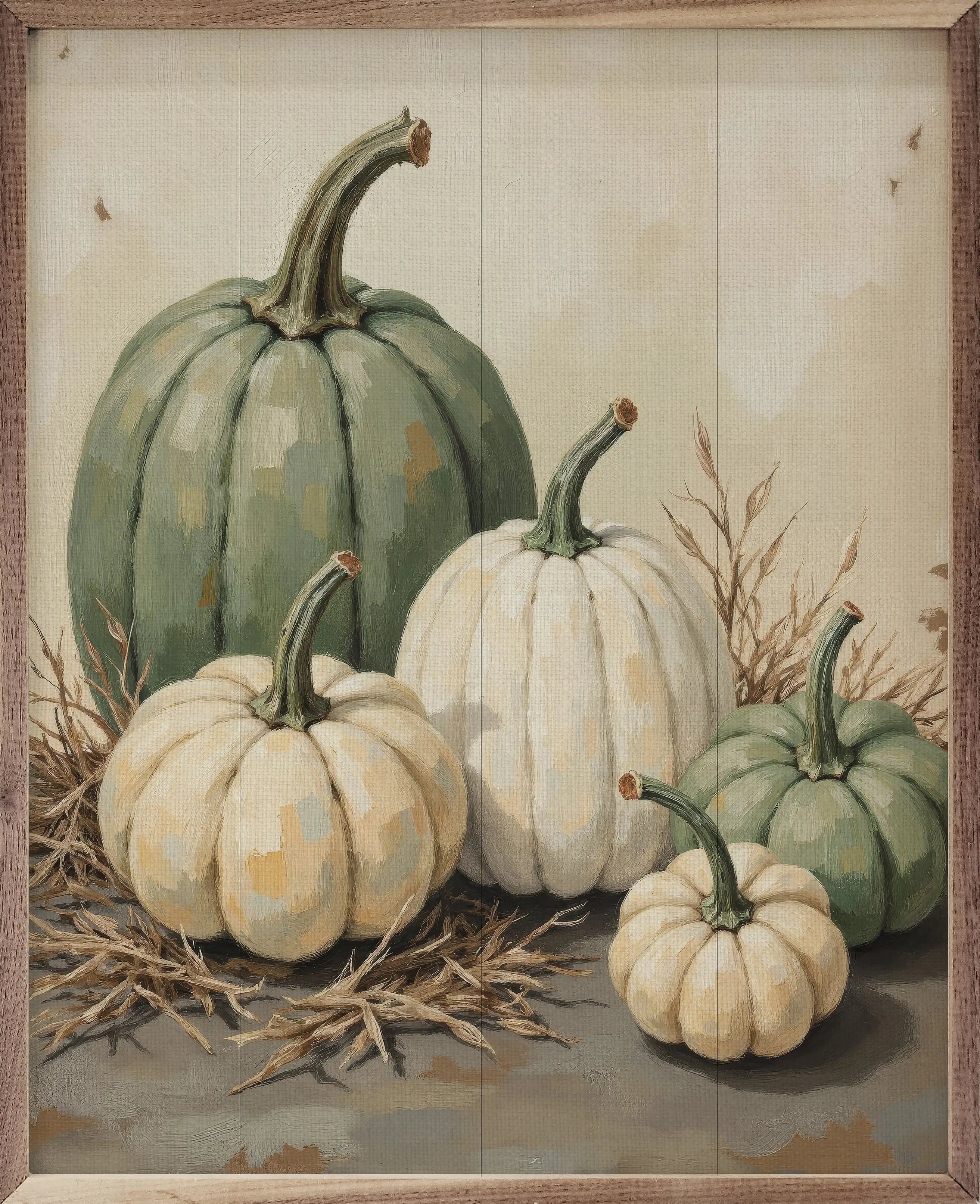 Green & White Pumpkins In Straw Wood Framed Print
