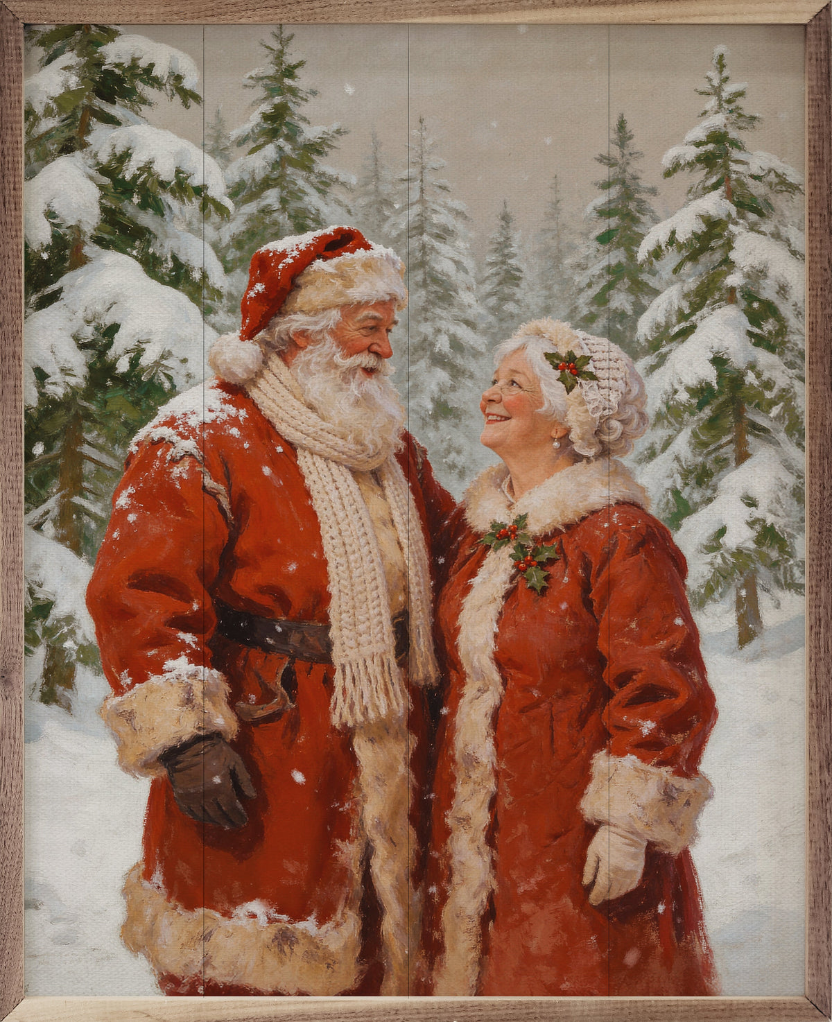 Santa & Mrs Claus In The Pines Wood Framed Print