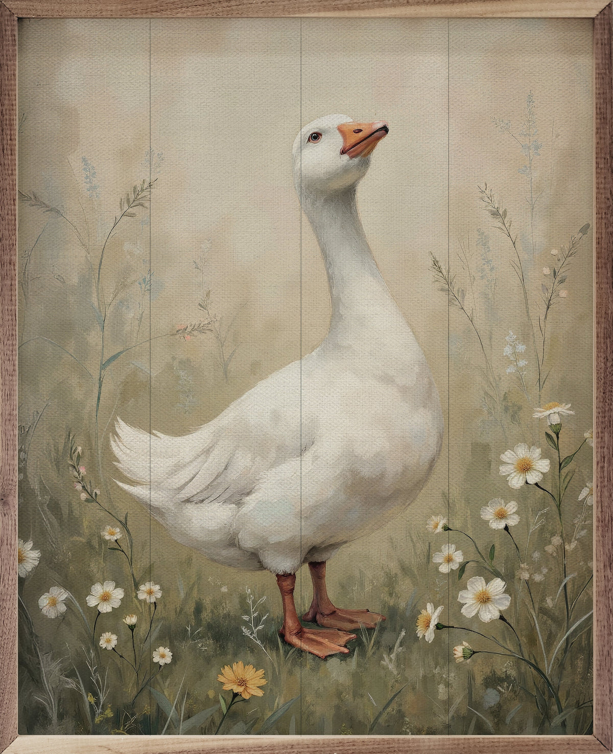Goose In Meadow Wood Framed Print