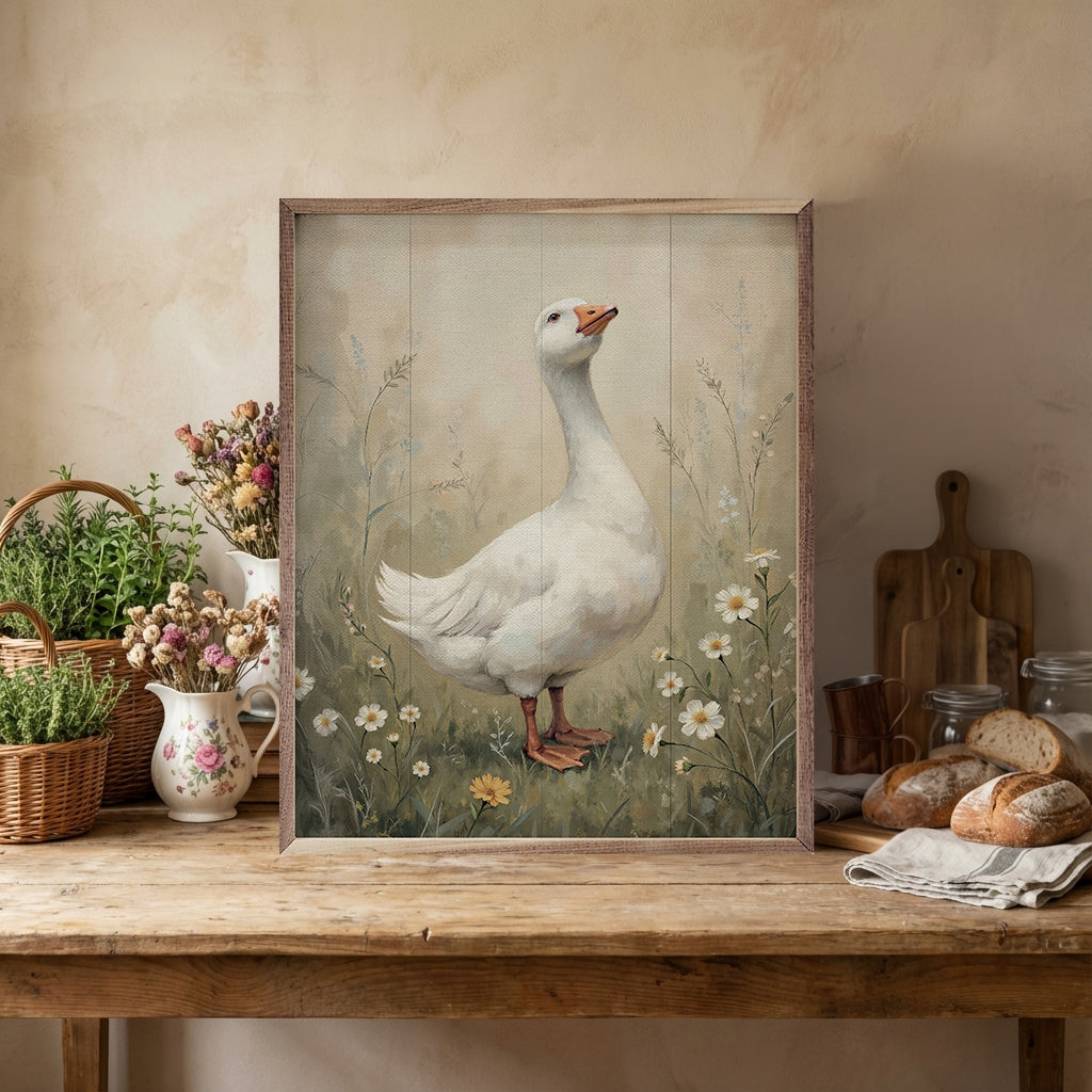 Goose In Meadow Wood Framed Print