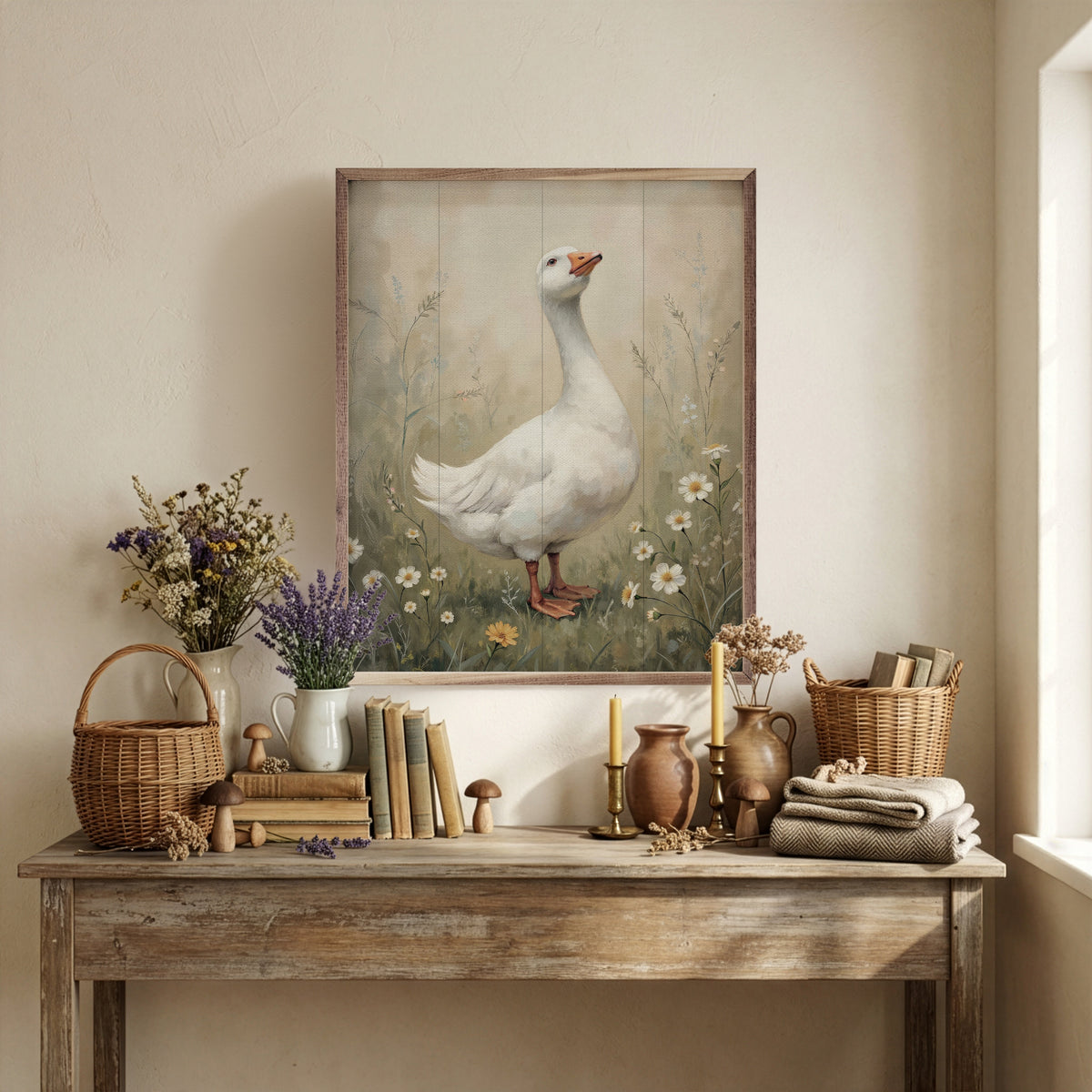 Goose In Meadow Wood Framed Print