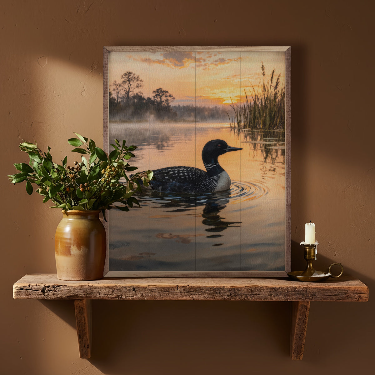 Loon In The Morning Wood Framed Print