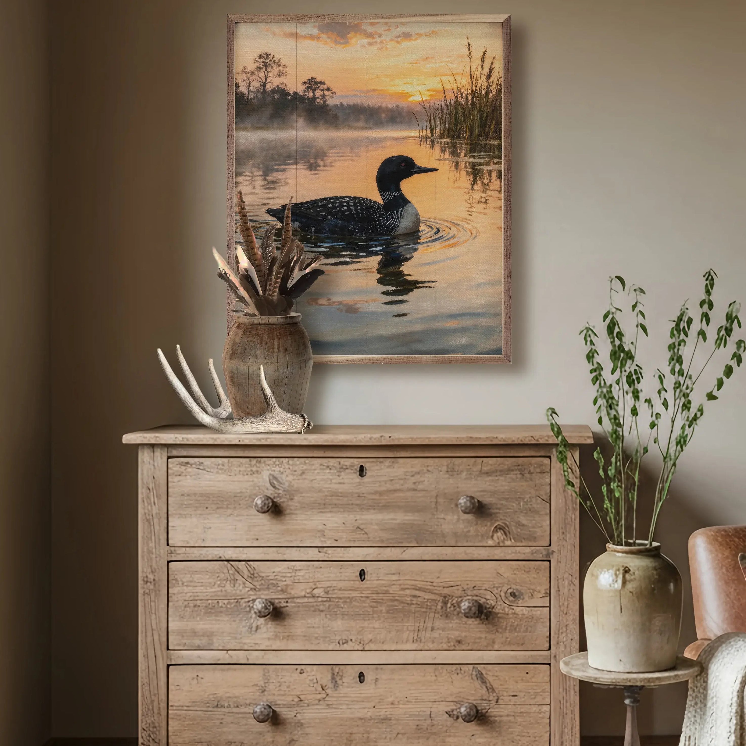 Loon In The Morning Wood Framed Print