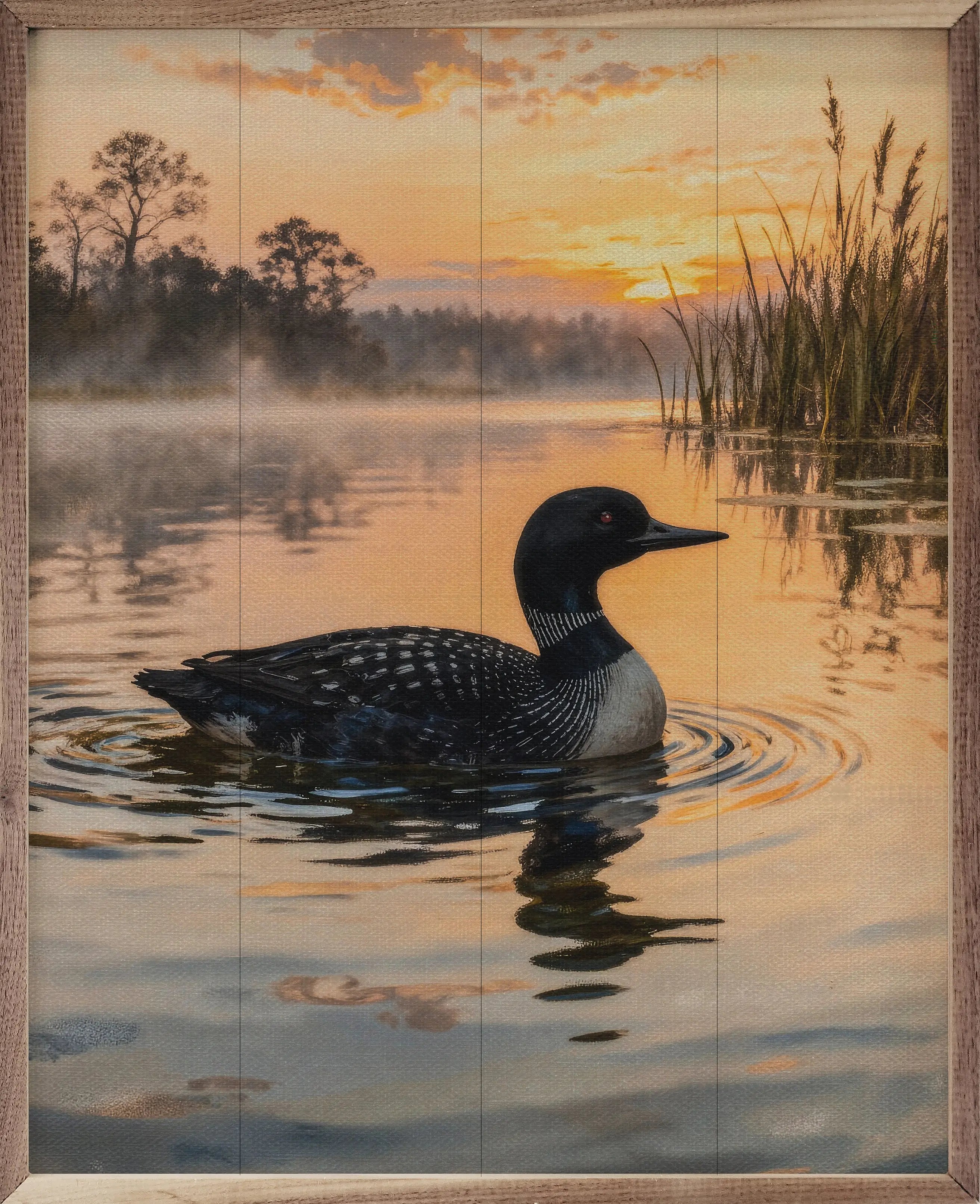 Loon In The Morning Wood Framed Print