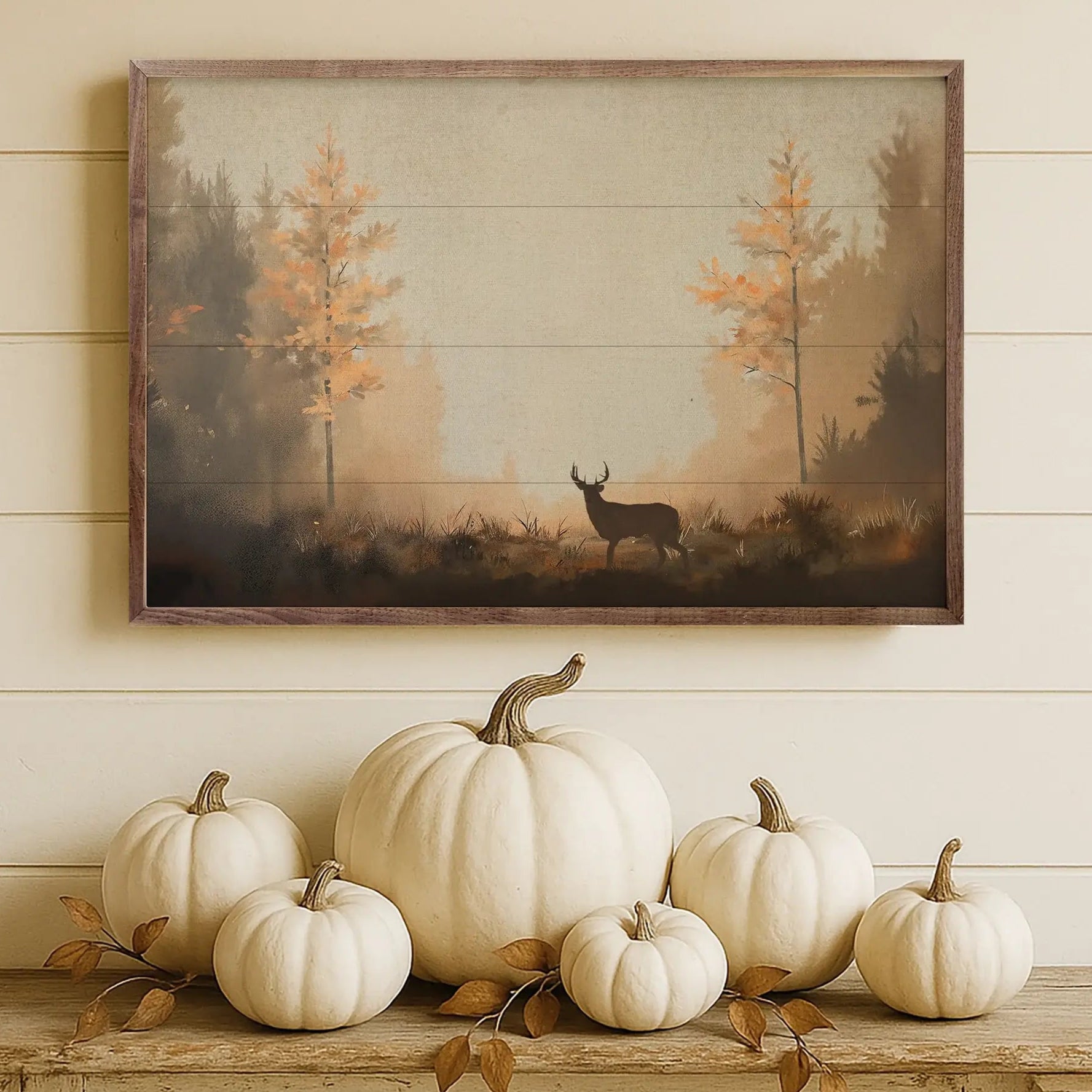 Deer In Autumn Lane Wood Framed Print