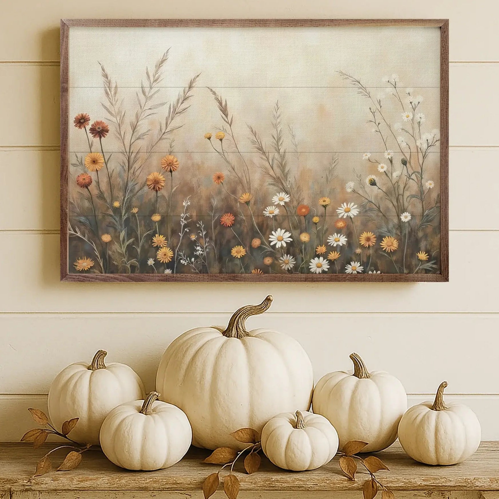 Fall Field With Mums & Daisies Wood Framed Print