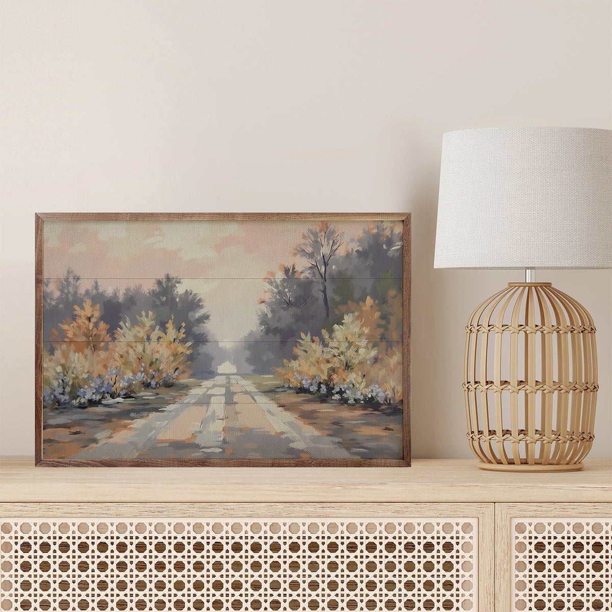 Peachy Road View Wood Framed Print