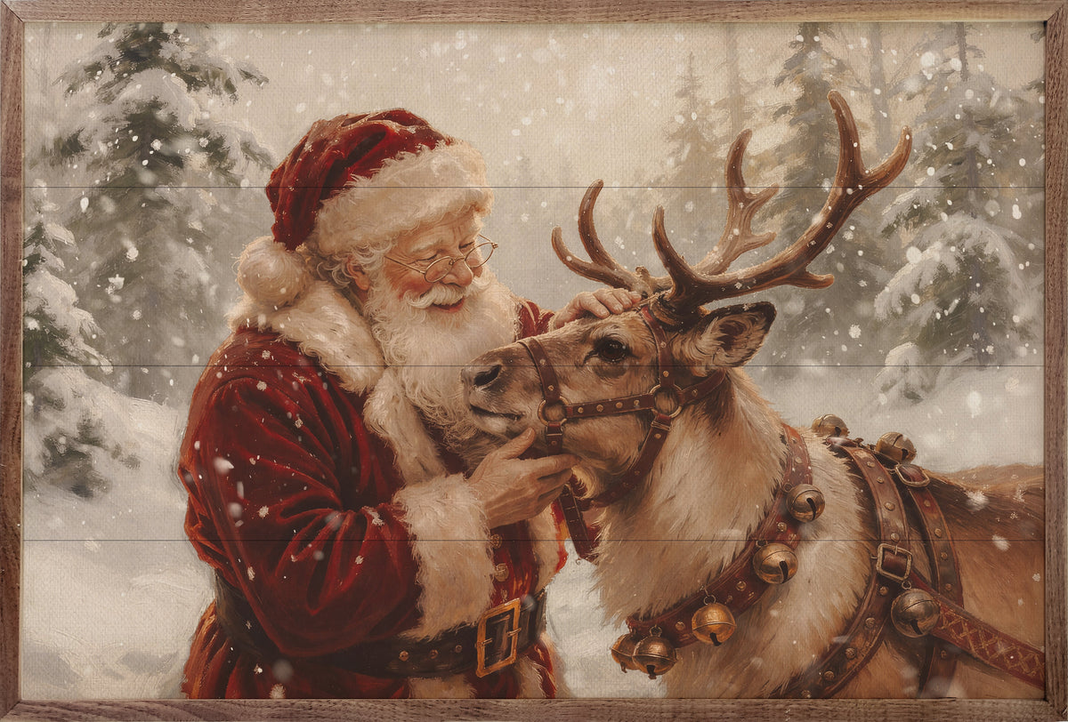 Santa & His Reindeer Wood Framed Print