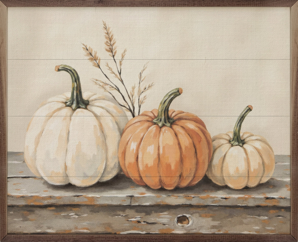 Pumpkins On A Rustic Shelf Wood Framed Print