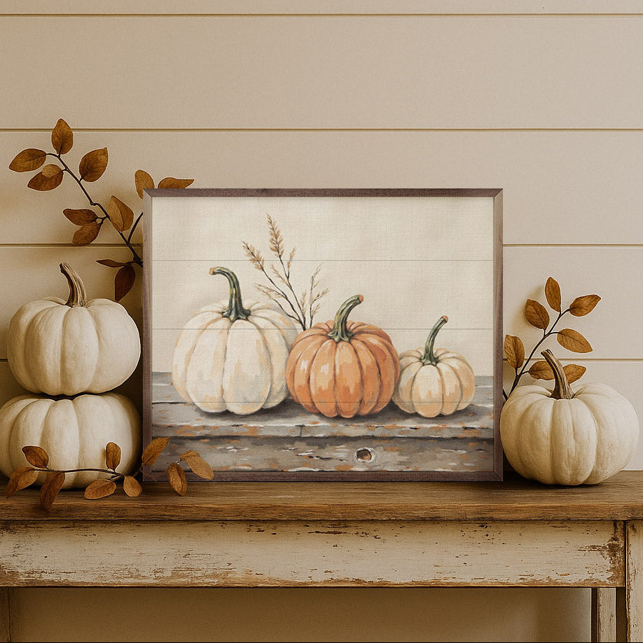 Pumpkins On A Rustic Shelf Wood Framed Print