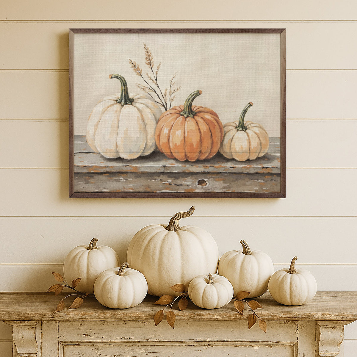 Pumpkins On A Rustic Shelf Wood Framed Print