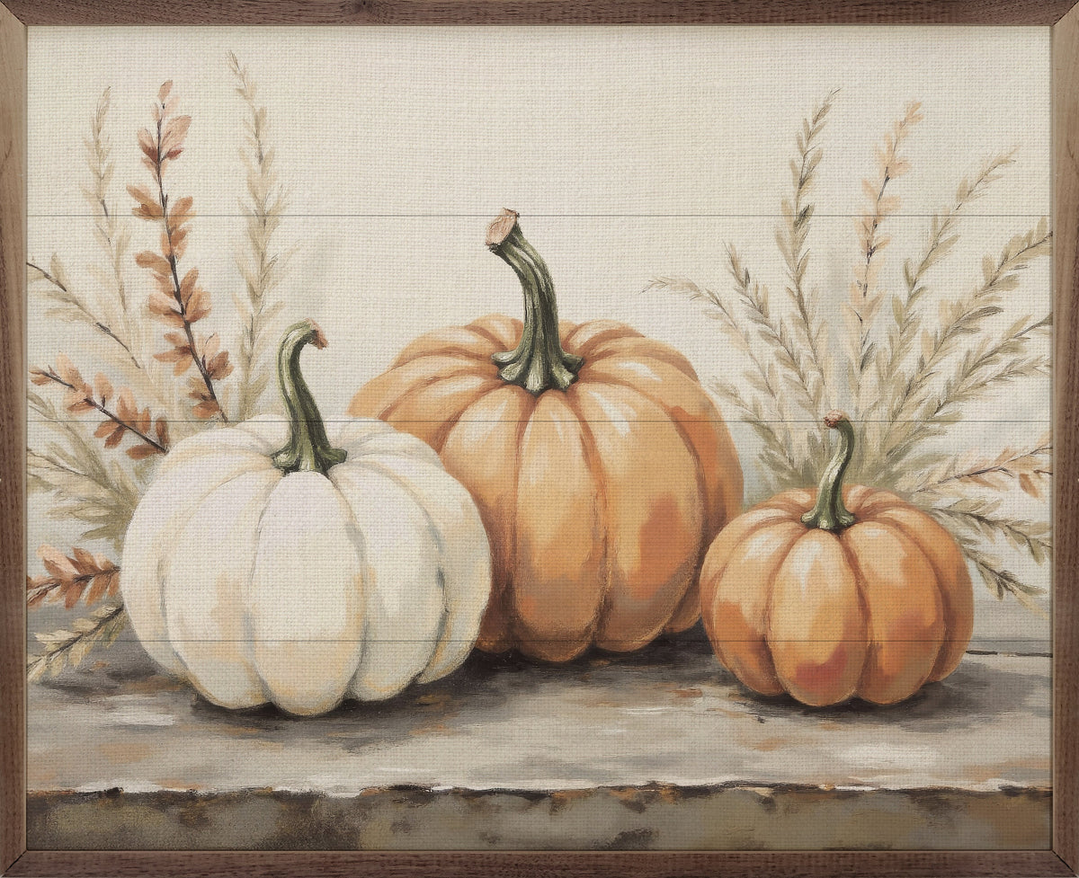 Pumpkins With Autumn Branches Wood Framed Print