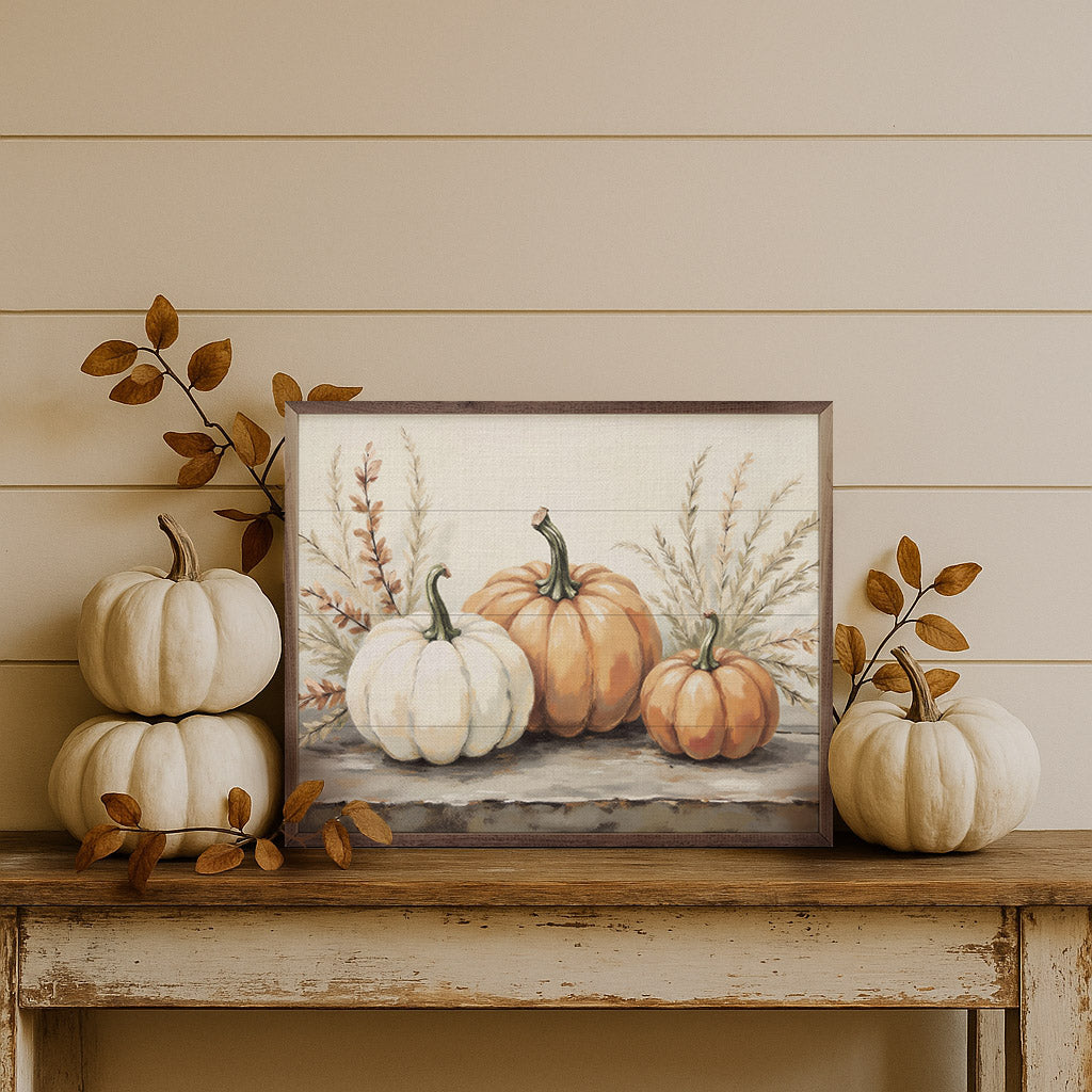Pumpkins With Autumn Branches Wood Framed Print