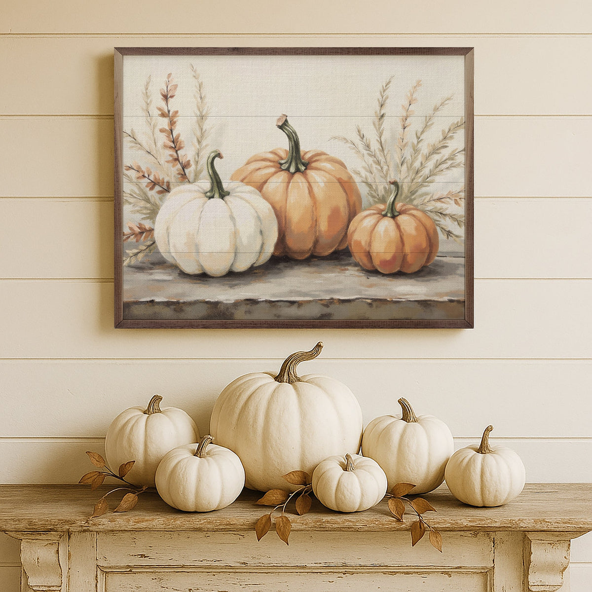 Pumpkins With Autumn Branches Wood Framed Print