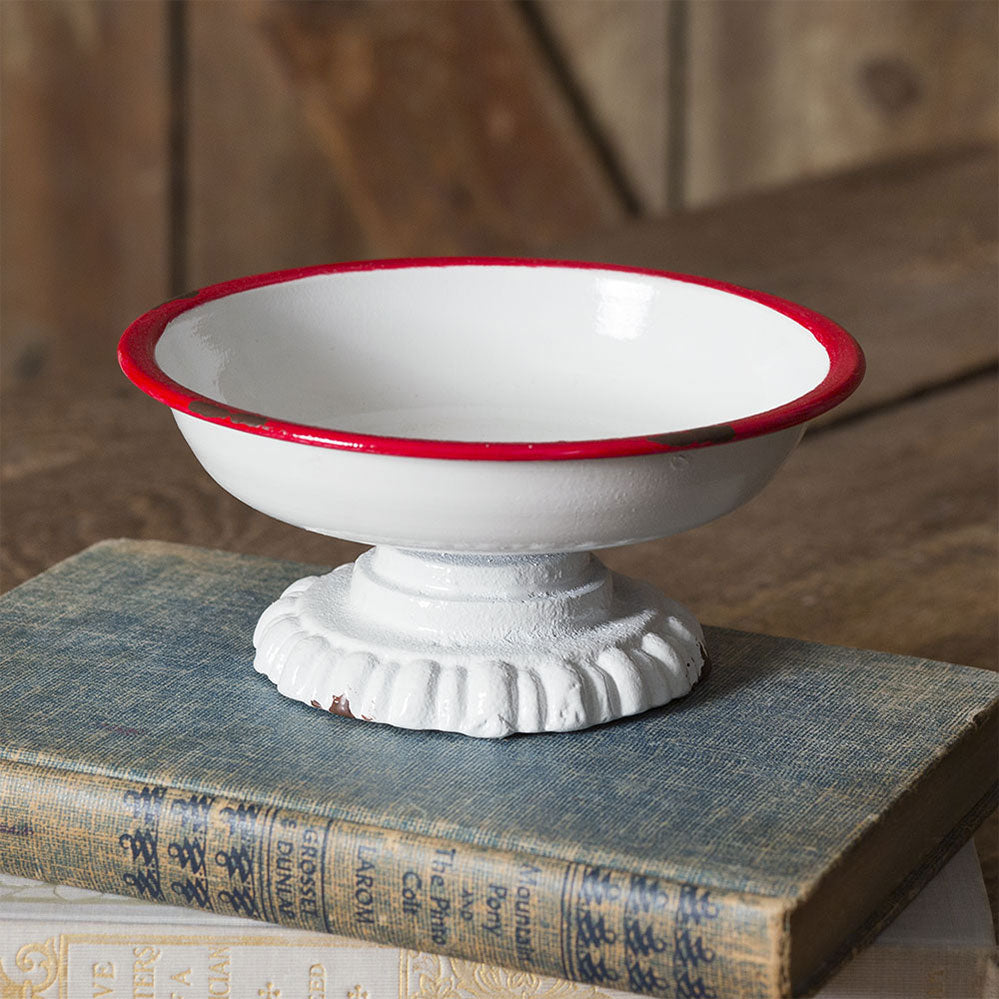 White Cast Iron Pedestal Dish With Red Trim