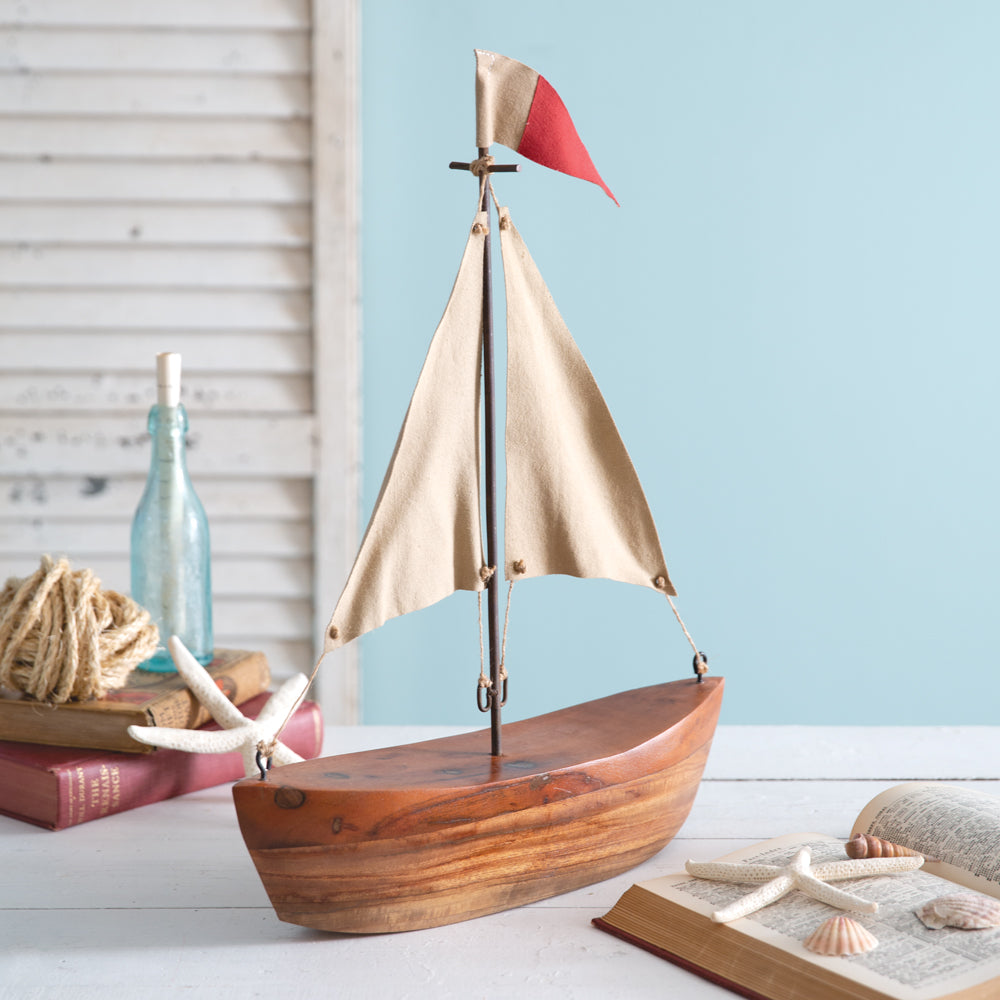 CTW Home Collection Handcrafted Solid-Mango-Wood Sailboat Sculpture