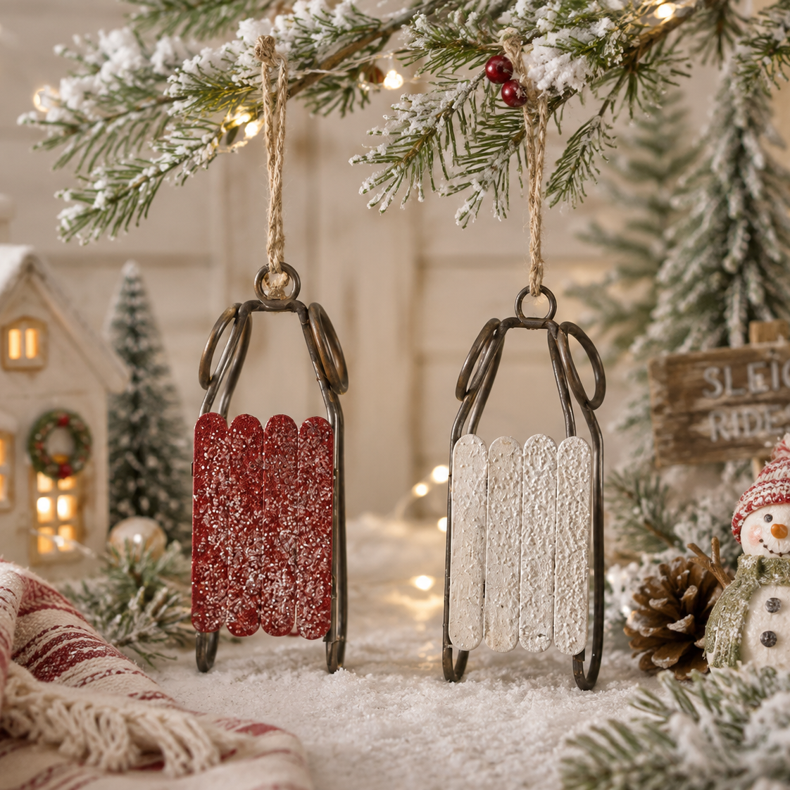 Metal & Wood Glittered Sleigh Ornament