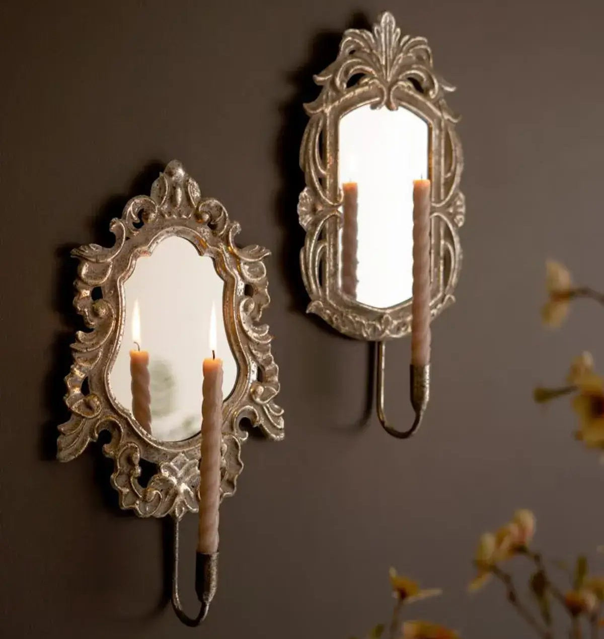 Ornate Rustic Metal Framed Mirror Taper Sconce Set