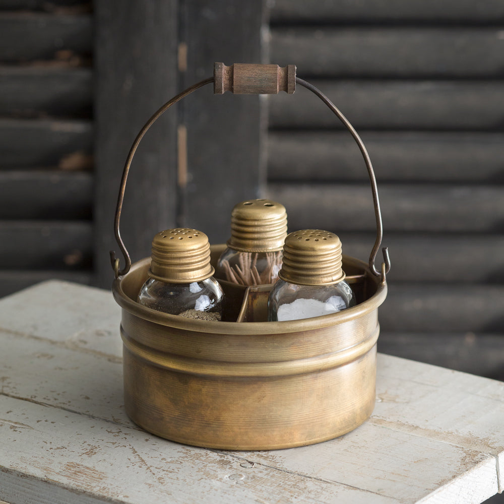 Antiqued Brass Salt Pepper & Toothpick Caddy Set