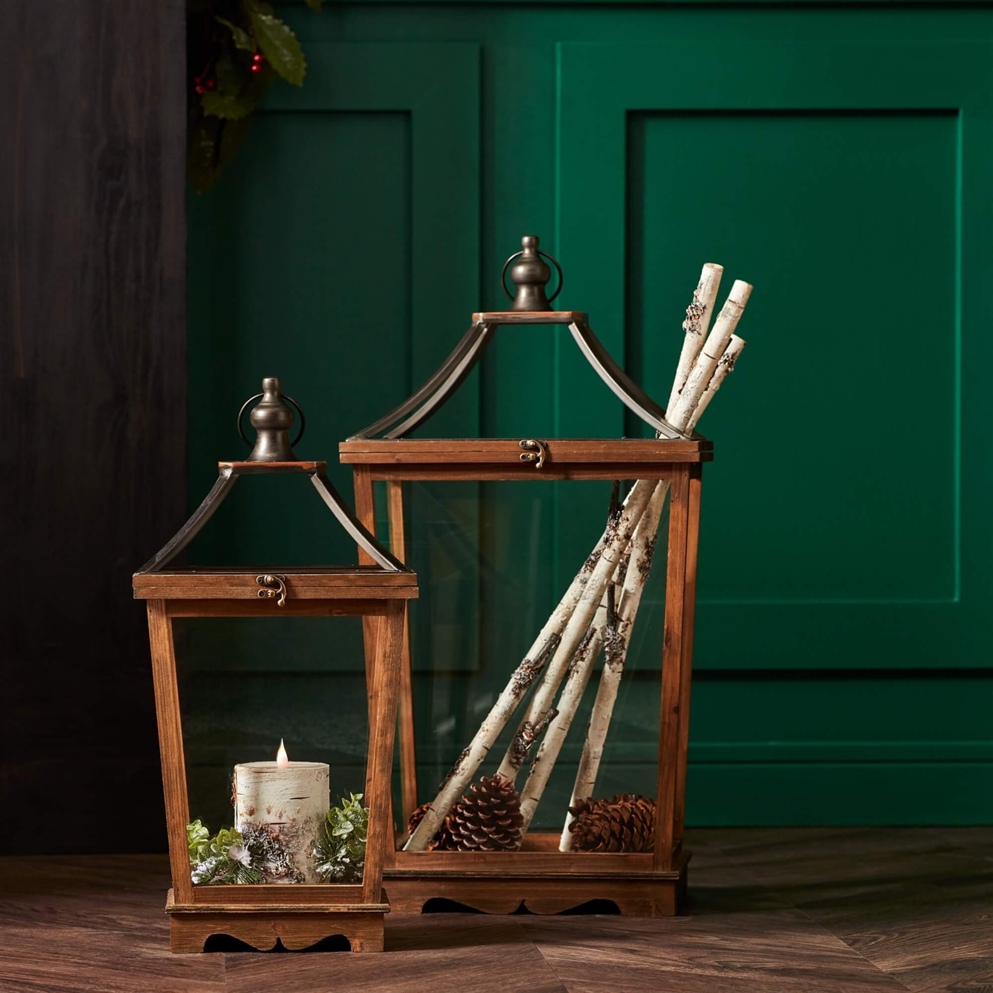 Wood & Metal Open Lantern Set