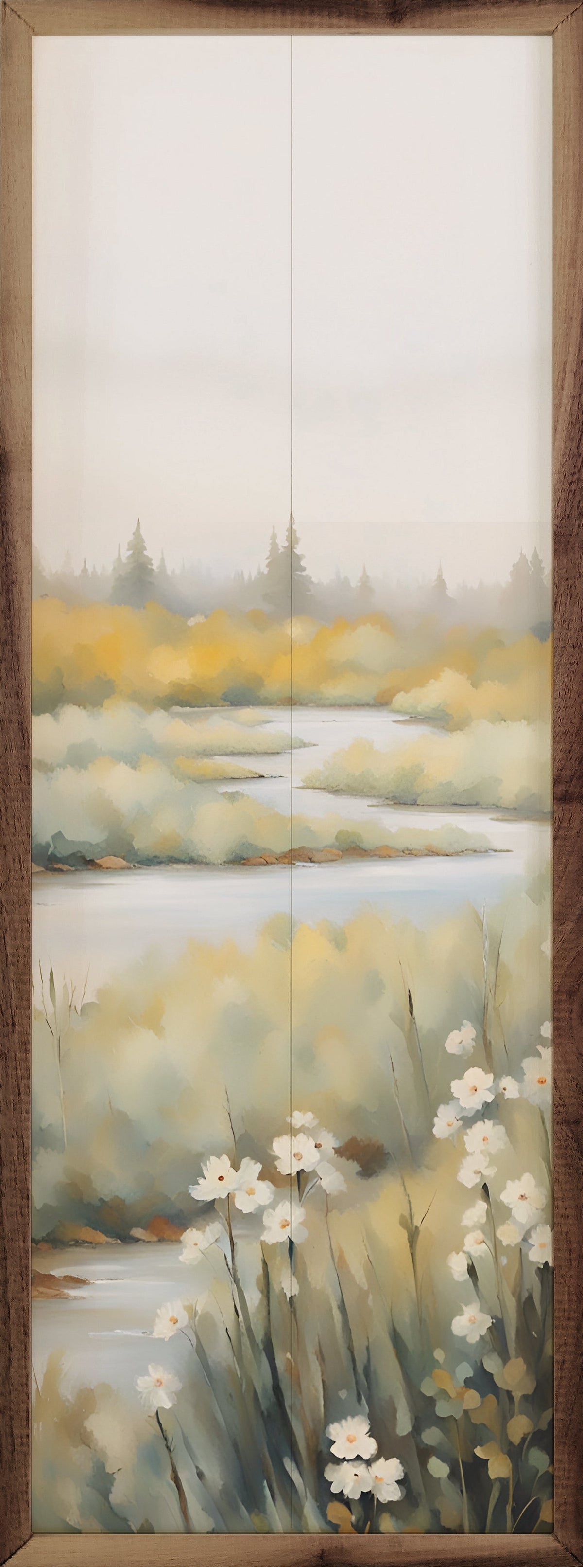 Creek With White Flowers Wood Framed Print