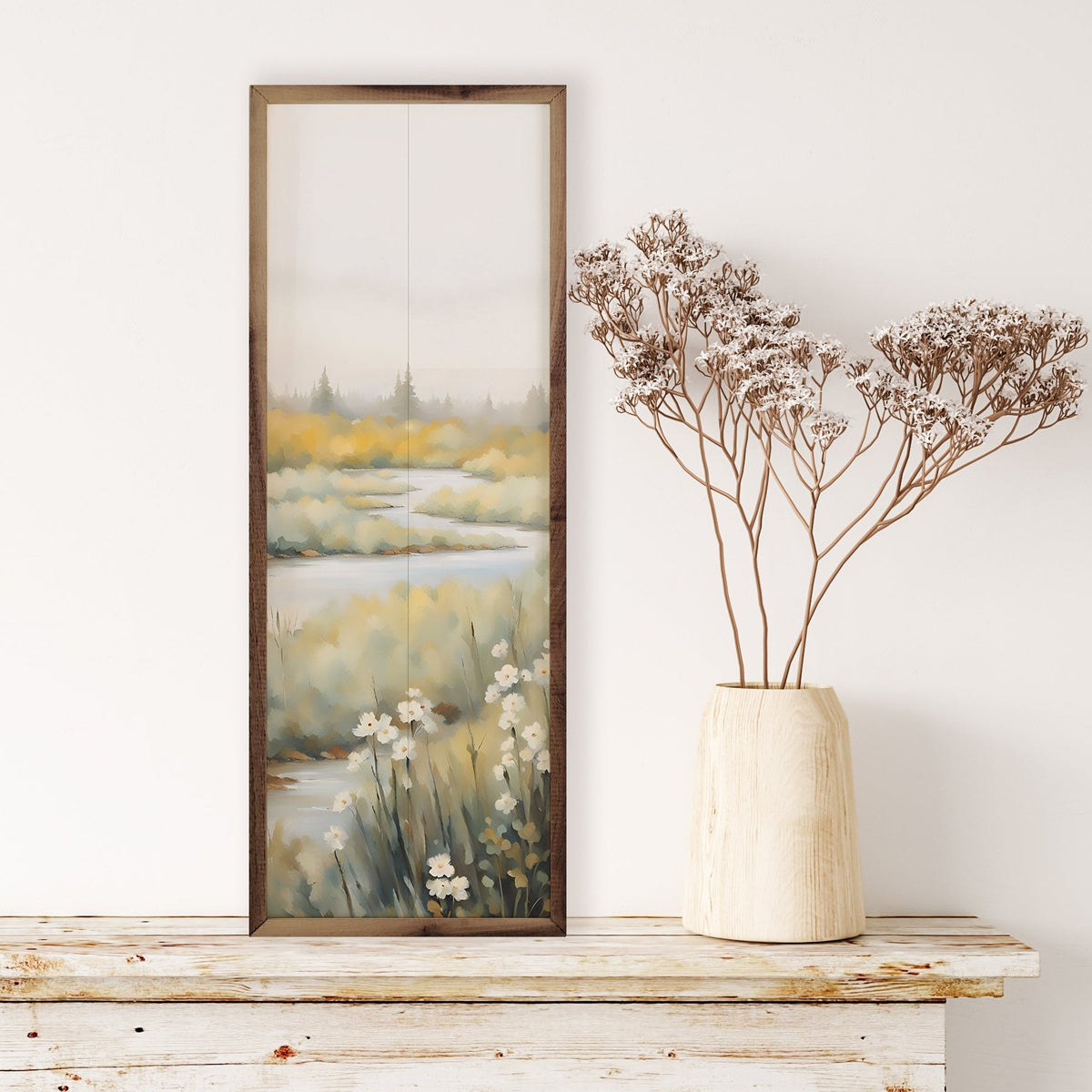 Creek With White Flowers Wood Framed Print