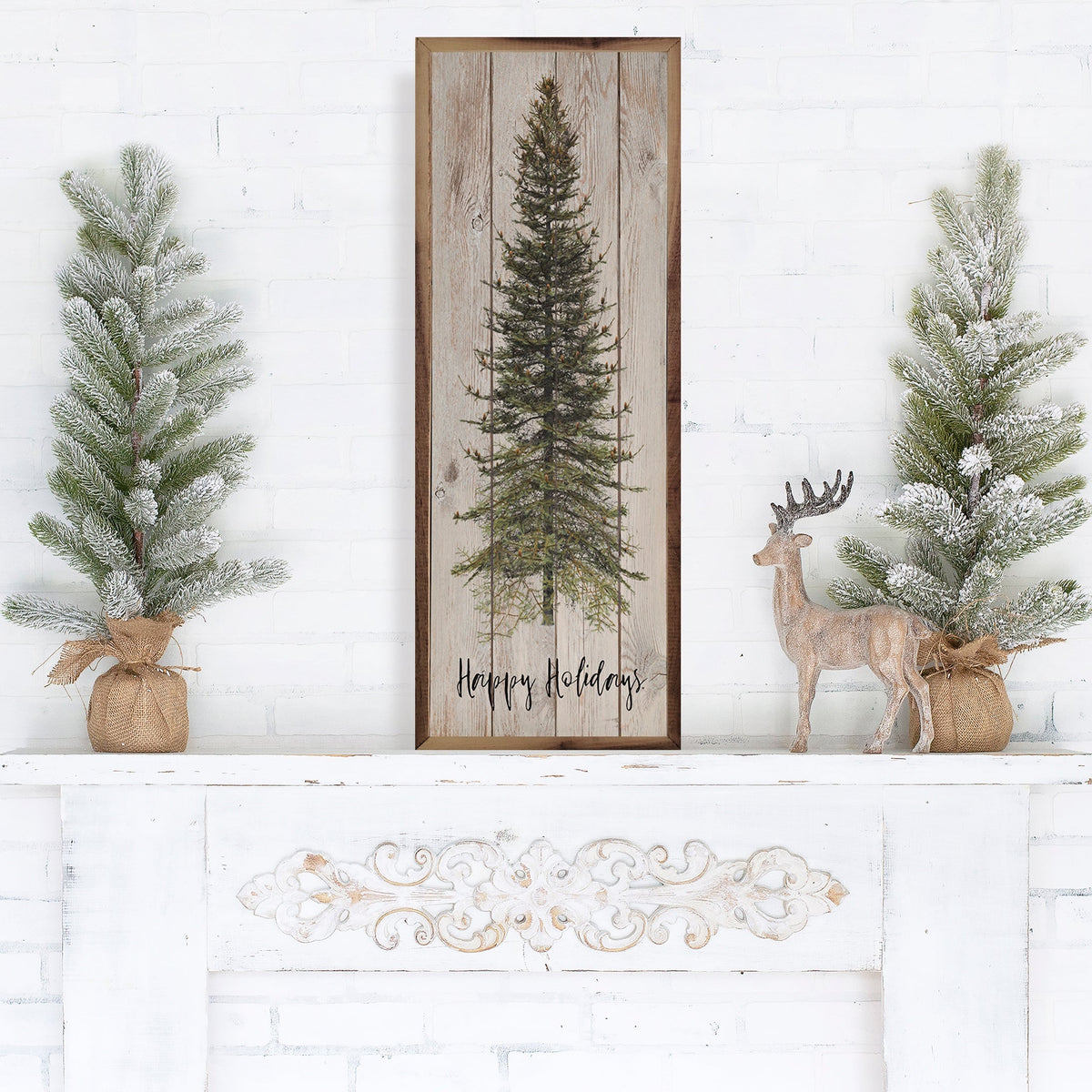 Happy Holidays Skinny Tree Wood Framed Print
