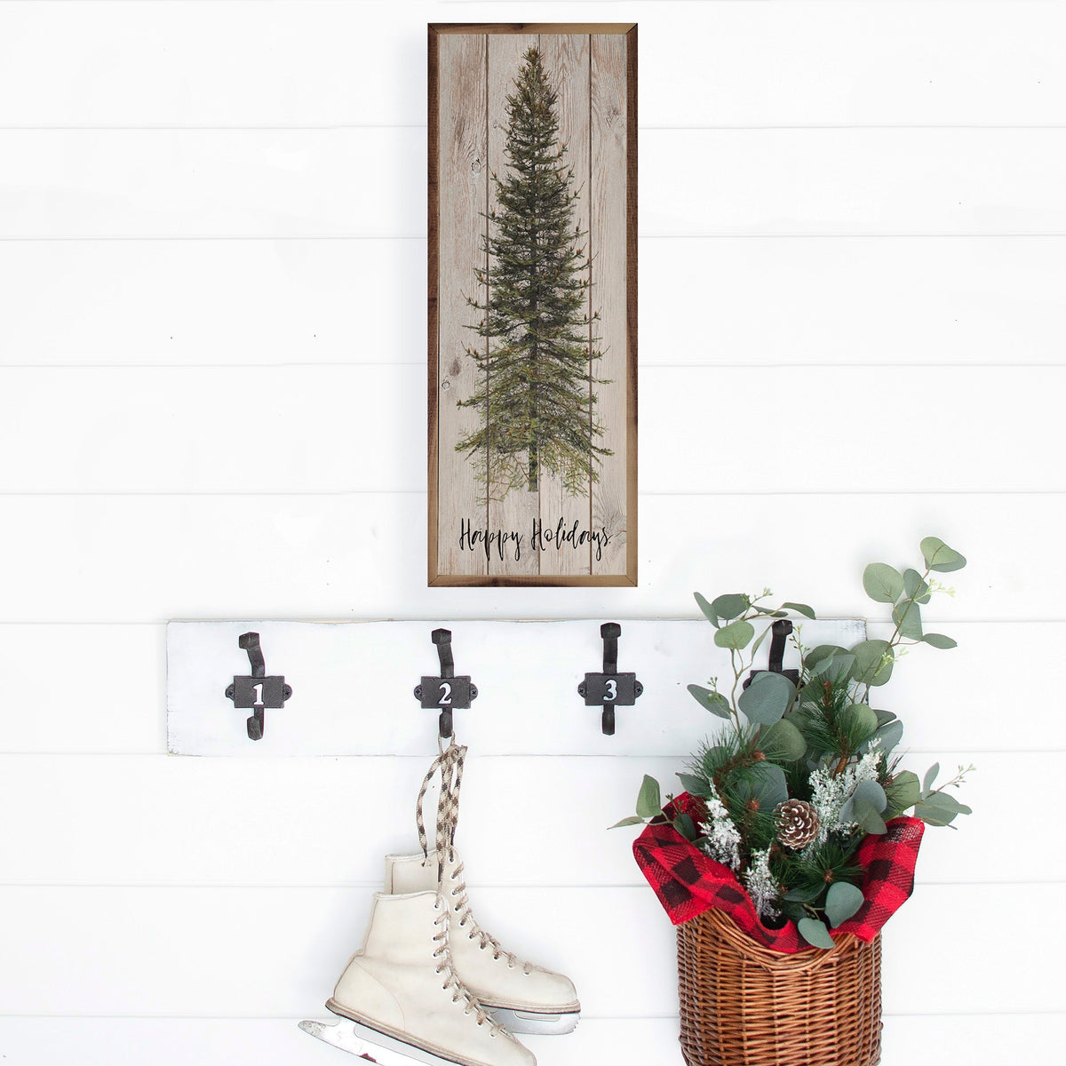 Happy Holidays Skinny Tree Wood Framed Print