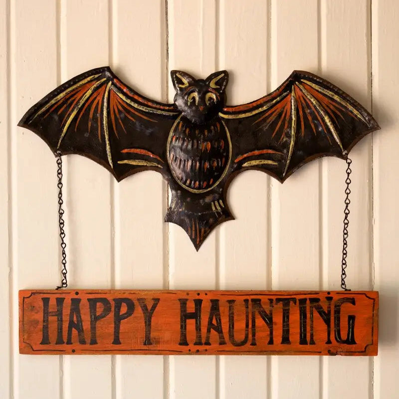 Hand-Hammered Painted Metal Bat Sign