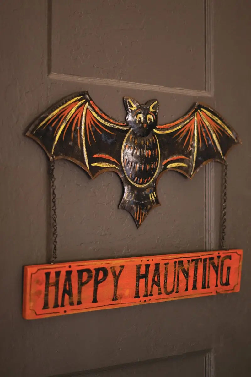 Hand-Hammered Painted Metal Bat Sign