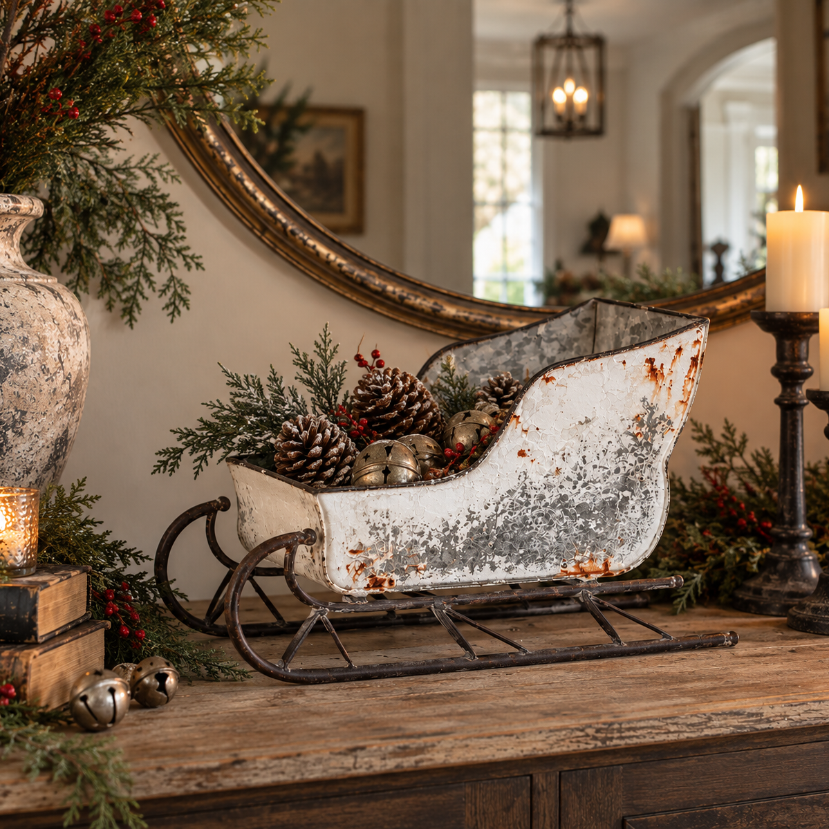 Aged White Tabletop Sleigh