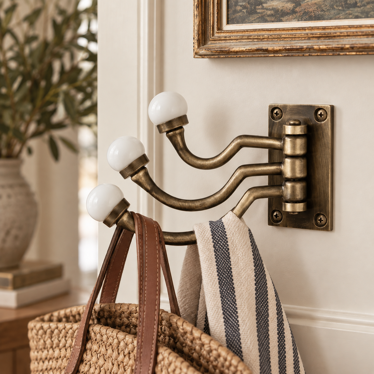 Antique Brass & Porcelain Swivel Wall Hook