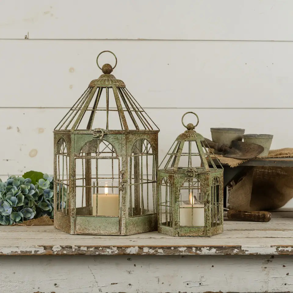 Aged Green Birdcage Lantern Set