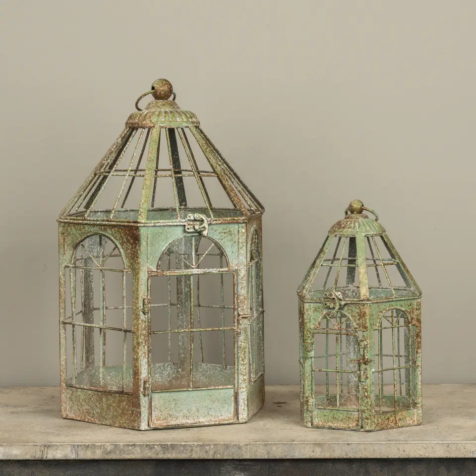 Aged Green Birdcage Lantern Set