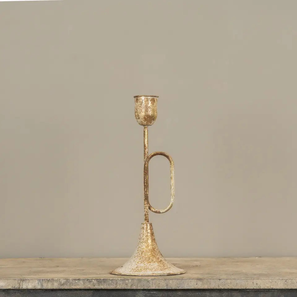 Oval Handle Gold Trumpet Taper Candle Holder