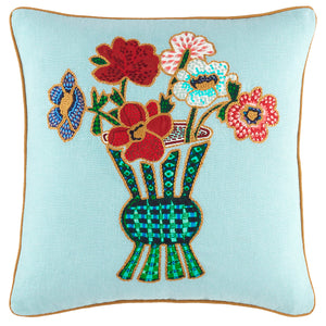 Pine Cone Hill Blooming Bouquet Dusty Aqua Embroidered Decorative Pillow