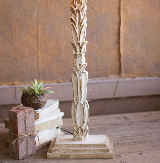 Carved Floral Lamp With Rustic Metal Shade