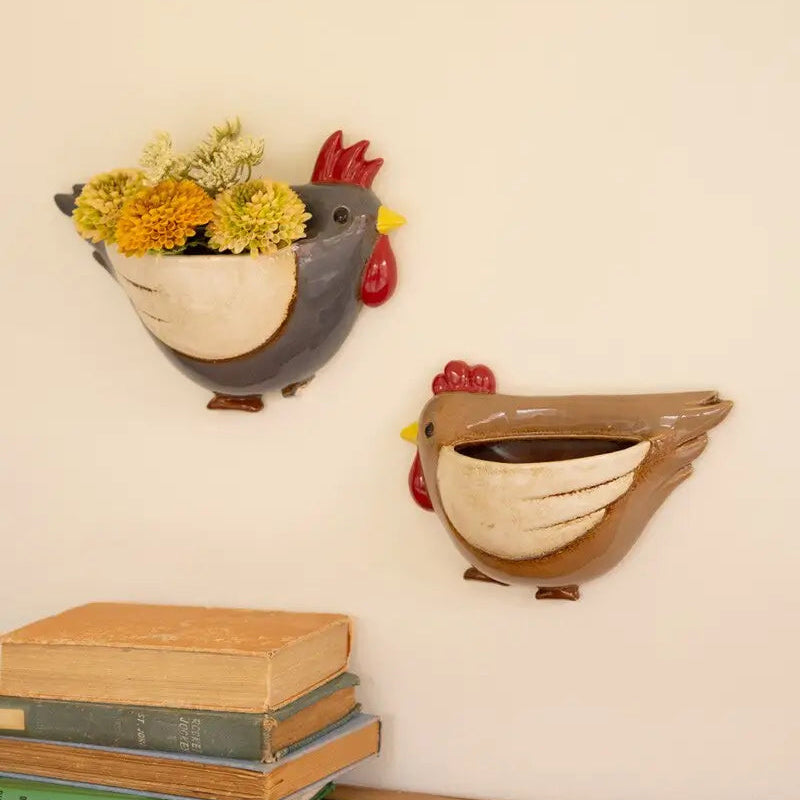 Ceramic Chicken Wall Planter Set