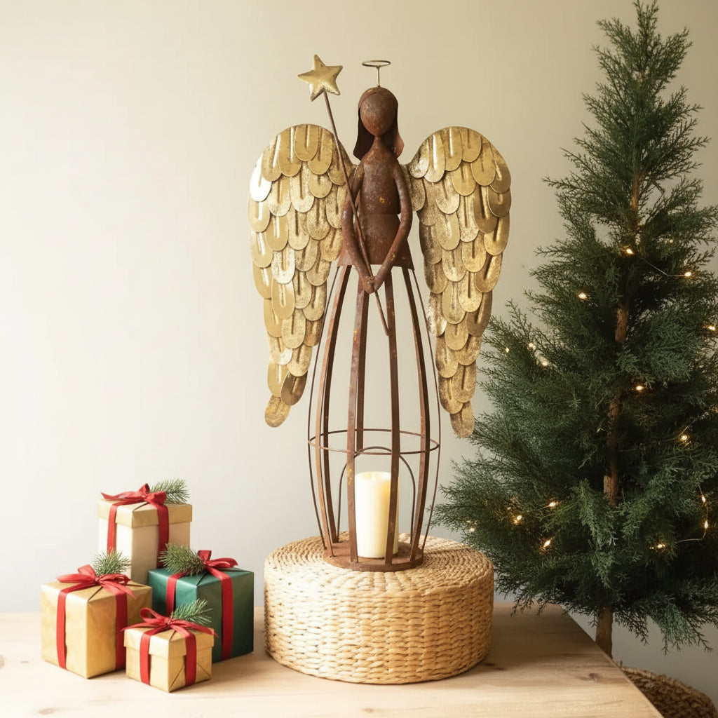 Rustic Metal & Gold Painted Christmas Angel Luminary
