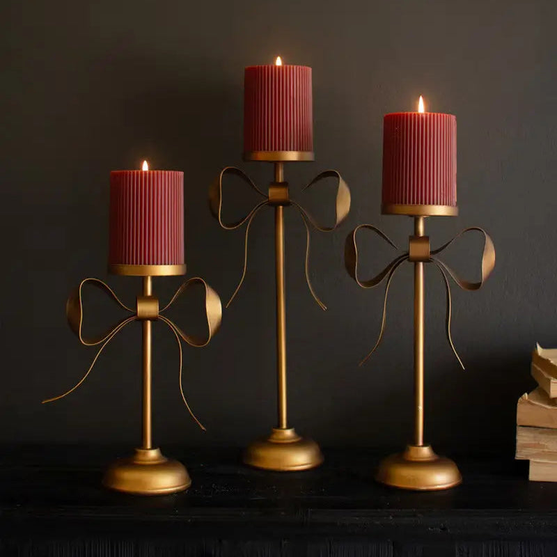 Antique Brass Bow Pillar Candle Stand Set