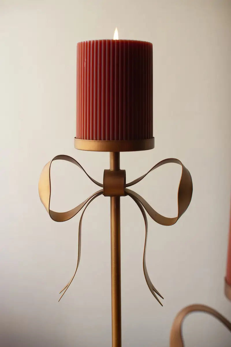 Antique Brass Bow Pillar Candle Stand Set