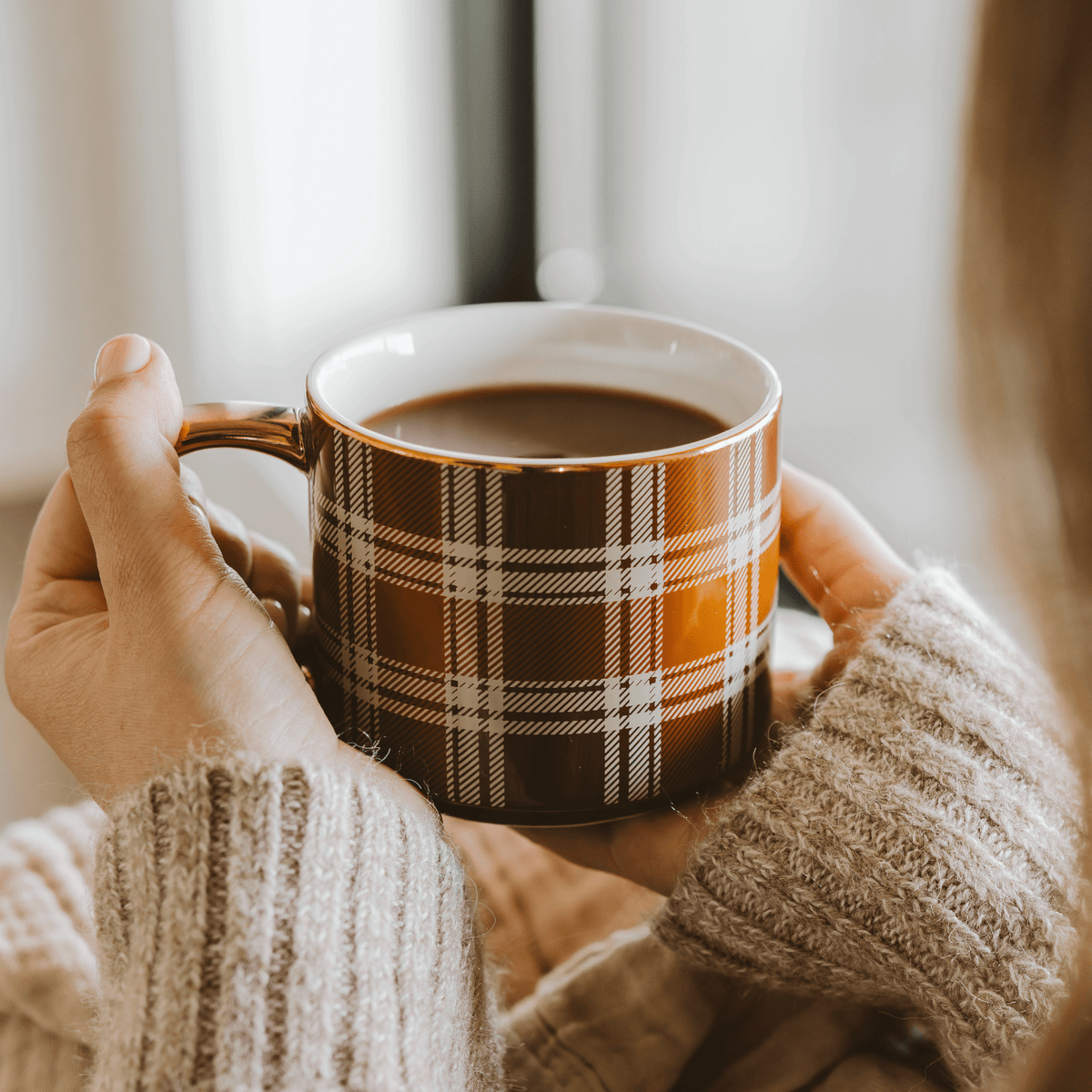 Brown Plaid Gold Handle Coffee Mug