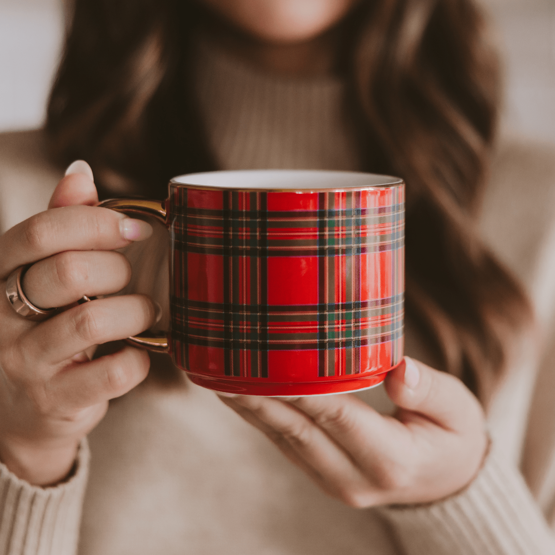 Red Plaid Gold Handle Coffee Mug
