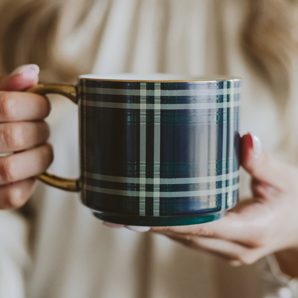 Navy Plaid Gold Handle Coffee Mug